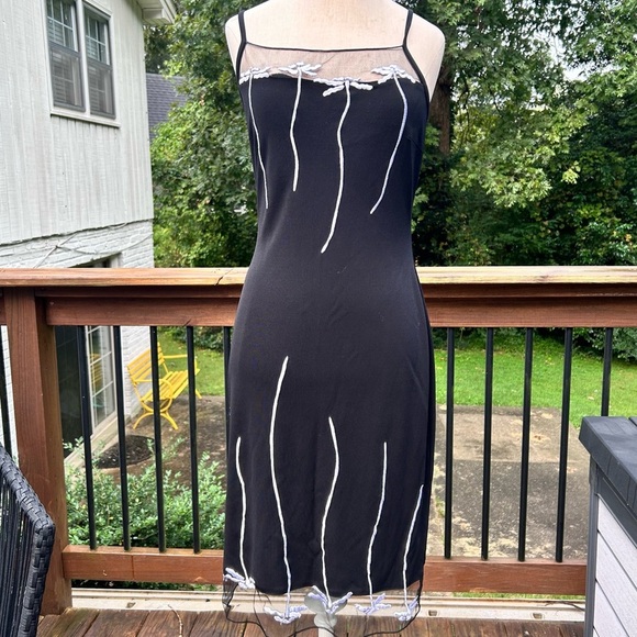 Cache Y2K Black slinky dress mesh White embroidered flowers dragonfly - Picture 1 of 7